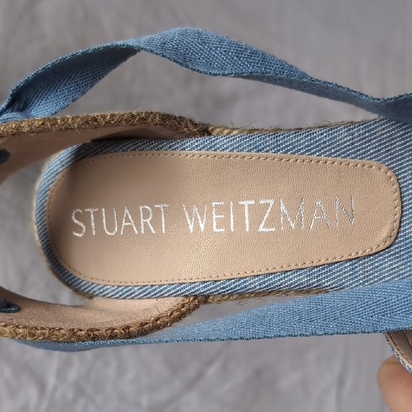 Stuart Weitzman Light Blue Denim Espadrille Wedge Sandals with Ankle Wraps - Picture 2 of 8